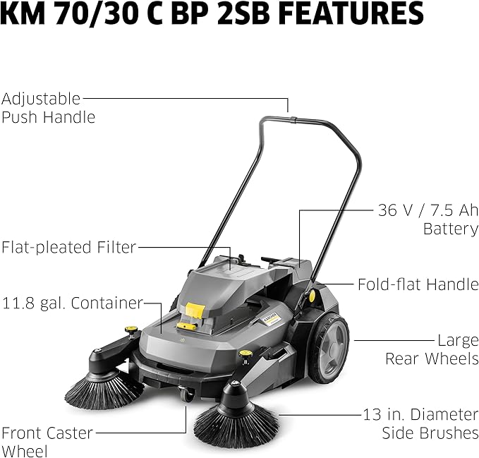 KÃ¤rcher Pro Walk Behind Outdoor Push Sweeper, KM 70/30 C Bp 2SB, Battery Powered, Suction System, Dust Filter - 38" Working Width, 11.9 Gallon - for Commercial Use in Warehouses, Workshops, and More