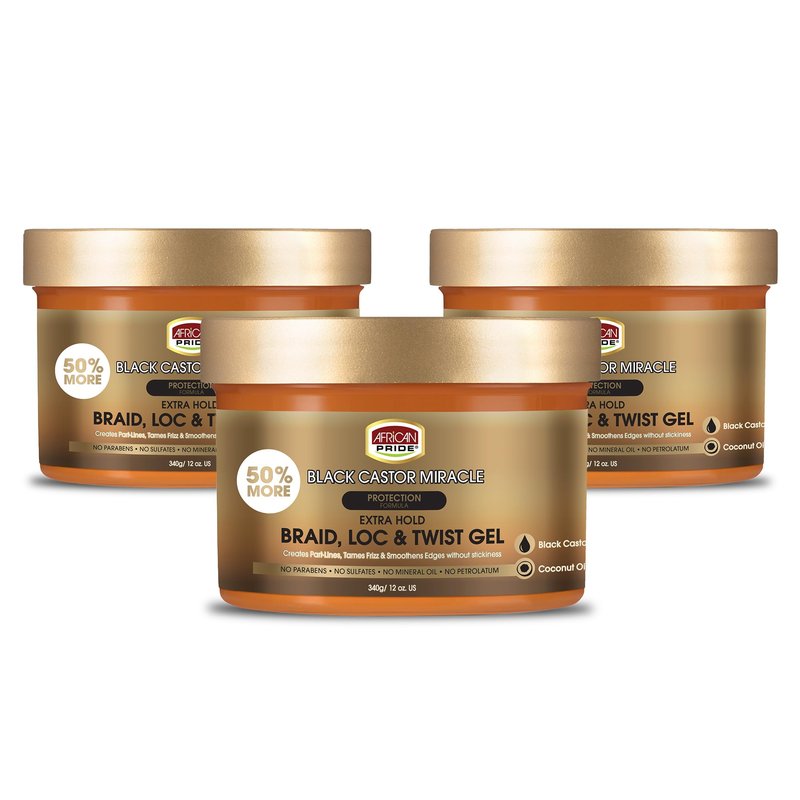 African Pride Black Castor Miracle Extra Hold Braid, Loc, Twist Gel (3 Pack) - Braiding Hair Gel, Edge Control & Tames Frizz, No Flake | Natural Ingredients, Black Castor & Coconut Oil | 12oz