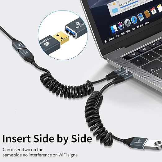 Thzzhnno Coiled USB Extension Cable, 5Gbps Retractable USB A Male to Female Data Transfer Cord for Keyboard, Mouse, PlayStation, Xbox, Flash Drive, Printer, Camera(Extend up from 0.75FT to 3.3FT)