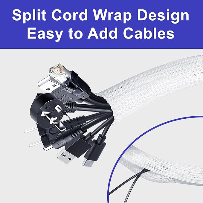 YCLYC Cable Management Sleeves 1in - 2 Pack 6.6ft Split Braided Cable Sleeve White, Cord Protectors from Pets, Wire Organizers for Cords, Flexible Cord Wrap Wire Sleeve for Computer Cord Organizer