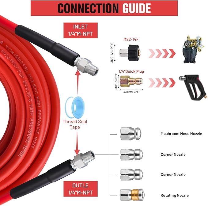 100FT Sewer Jetter Kit for Pressure Washer,1/4 Inch NPT Corner Max Working Pressure Drain Cleaner Hose 5800 PSI Sewer Blasting Hose 4 Sewer Blasting Nozzles