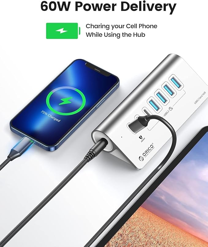 ORICO 7-Port USB 3.2 Gen2 Hub, Powered USB 3.2 Hub with 4 USB-A, 2 USB-C, PD 60W, 72W Power Adapter, 10Gbps Aluminium USB-Splitter with 3.28Ft USB-C to USB-C Cable for iMac, MacBooks, Mac mini
