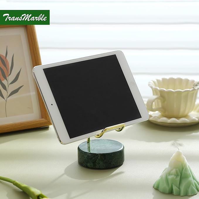 TransMarble Marble Phone Stand with Metal Holder, Charging Available While Using, Swipe Up to Unlock, Made of Natural Marble as Business Card Holder for Office Desk (Emerald Green + Gold)