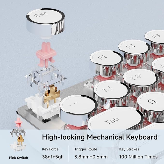 EWEADN Wired Typewriter Mechanical Keyboard, Quiet White Linear Switches Retro Punk Style with Media Knob, Elegant Backlit Metal Panel, 104-Key Round Keycaps Cute Keyboard for Windows PC - Pure White