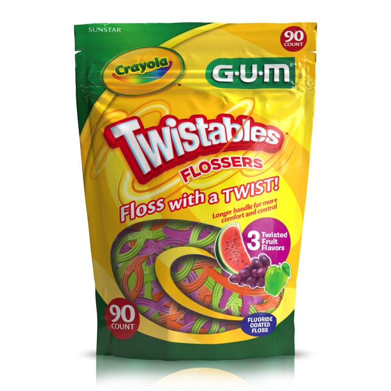 GUM Crayola Twistables Kids Flossers with Fluoride, Designed for Little Hands, Three Fun Fruit Flavors, Easy-to-Use Dental Floss Picks for Children Ages 3+, 90 Count (Pack of 4)