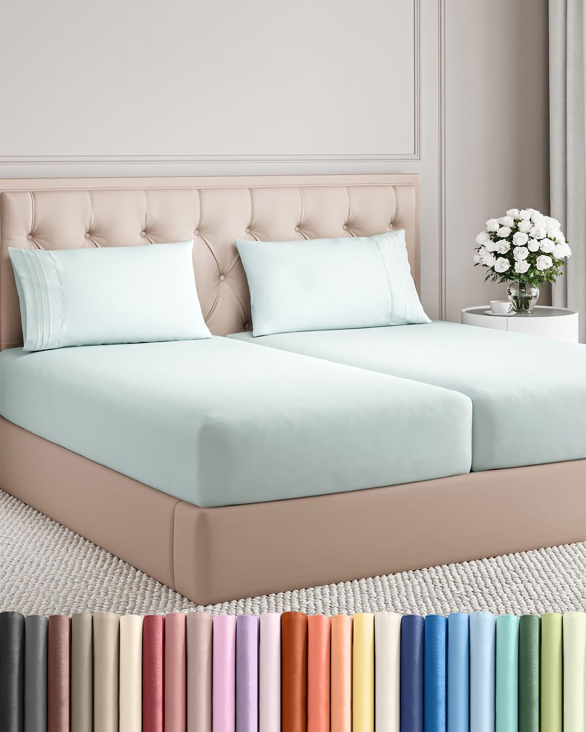 Split King Size 5-Piece Sheet Set - Comfy Cooling Bed Sheets for Luxury Sleep - Deep Pockets, Soft & Wrinkle-Free - Oeko-Tex Certified - Ice Blue