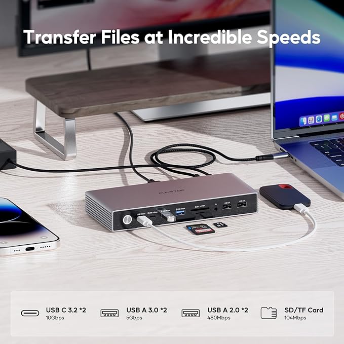 PULWTOP Displaylink Docking Station, USB C Docking Station Dual Displays for MacBook M1/M2/M3/M4 Windows, 4K@60Hz Displaylink Dock with 2 HDMI, 2 Display Port, 2USB C Data, 6 USBA, Ethernet, Audio