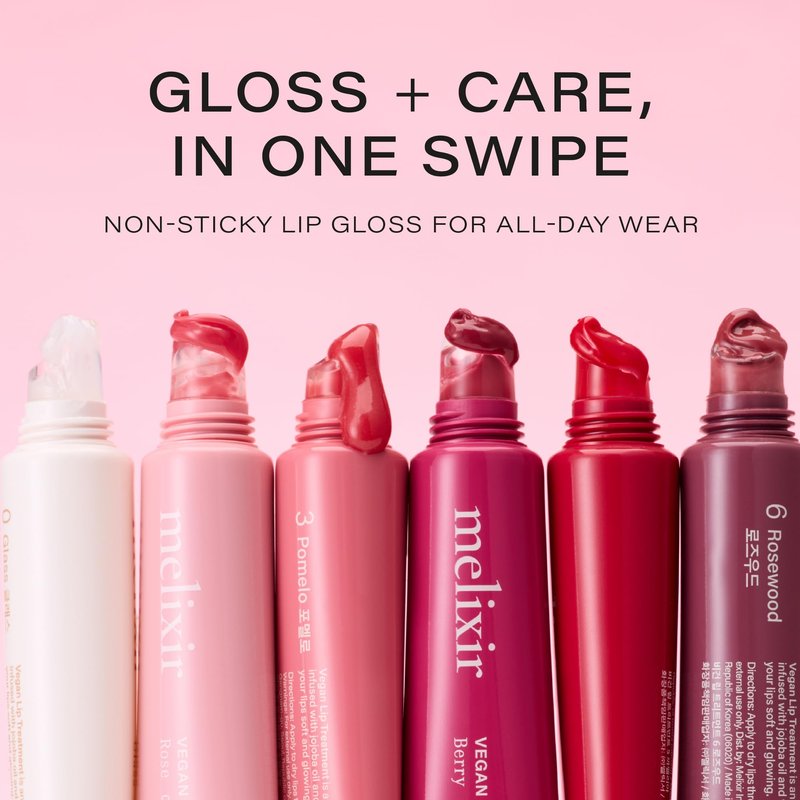 Melixir Vegan Lip Treatment, Sheer Tinted Lip Balm for Instant Hydration & Shine, Moisturizing Lip Gloss, Infused with Vegan Collagen & Jojoba Oil, Cruelty-Free, Korean Skincare-2 Rose(0.5oz/15g)
