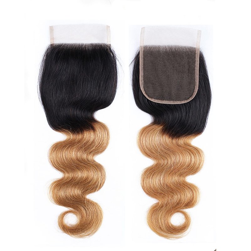 4x4 Lace Closure - 1B27 Ombre Body Wave Brazilian Human Hair Extensions | Pre-Plucked, Bleached Knots, 16 Inch