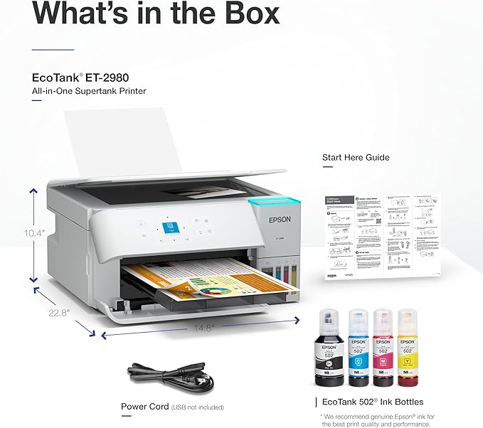 Epson EcoTank ET-2980 Wireless All-in-One Color Supertank Printer with Refillable Ink Tanks, 3 Years of Ink, Mobile Printing, 15 PPM, Color Touchscreen, Auto 2-Sided, White