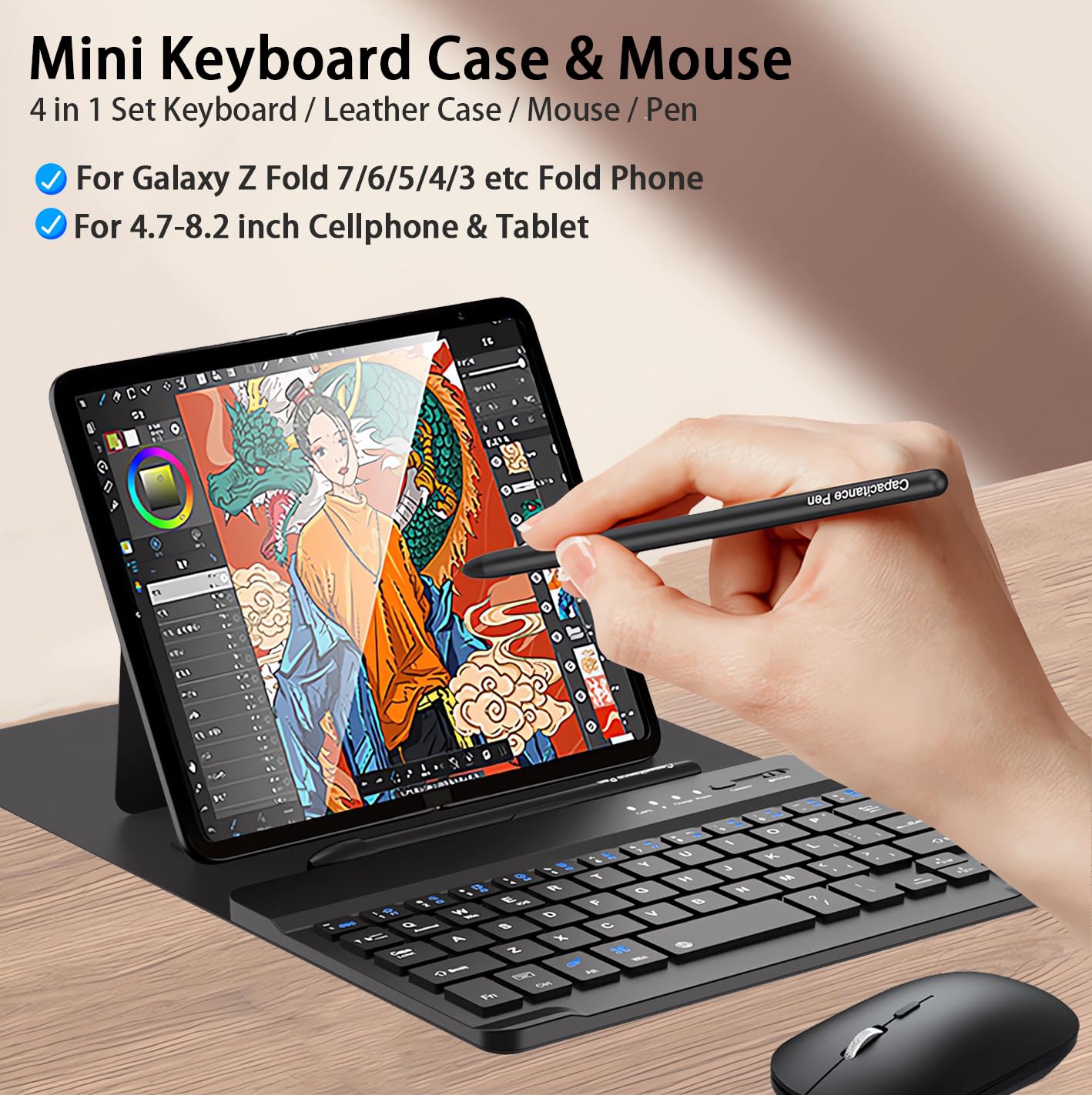 for Samsung Galaxy Z Fold 7 6 5 Keyboard and Mouse, Portable Mini 7.9 inch Bluetooth Keyboard with Leather Case and Capacitive Pen, 4 in 1 Travel Set for Z Trifold fold7 Accessories