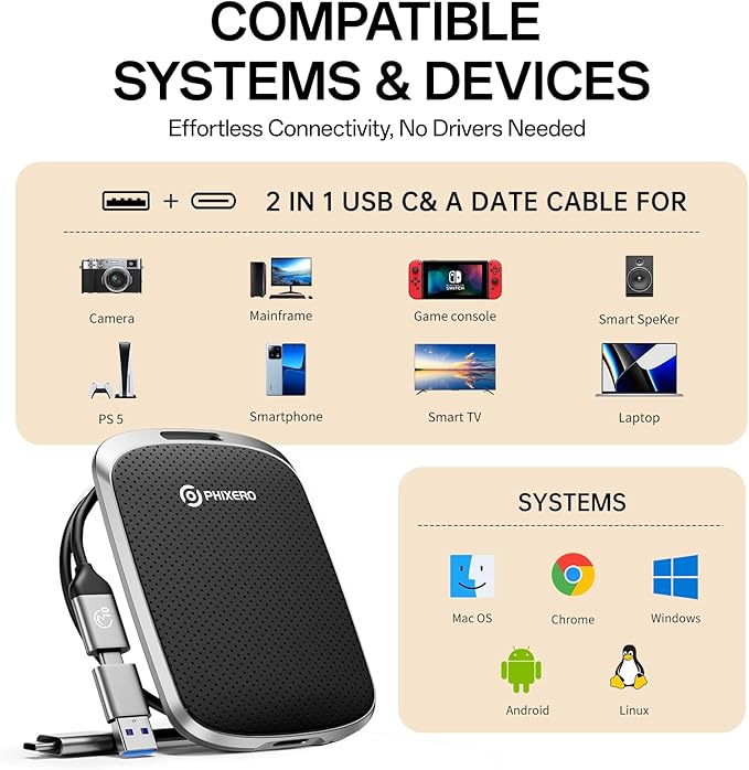 PHIXERO Portable Extern SSD 2TB Up to 550MB/s, USB 3.2 Gen 2 USB C to C&A for Smartphone/Tablet/PC/Laptop/Camera (Black)