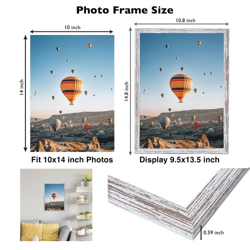 JCJMY 10x14 inch Picture Frame, Horizontal and Vertical Formats for Wall Hanging, 10 x 14 Wall Gallery Poster Photo Frame with Shatter Resistant Plexiglass,Rustic White