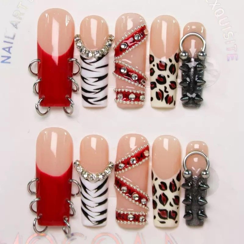 100% 5D Handmade Press on Nails with Charms Long Square Nail Press ons- Red French Tips False Nails Rhinestone Brown Leopard Fall Press on Nails for Women Girls Daily Wear DIY Manicure Size L