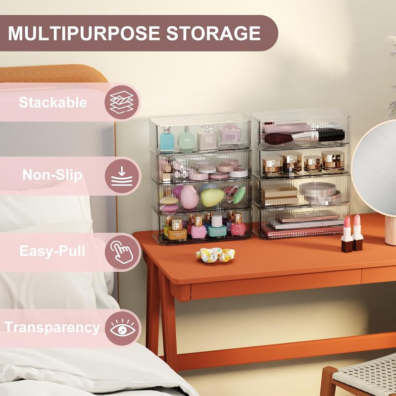 Clear Stackable Storage Drawers - 8-Pack Multi-Purpose Organizers with Non-Slip Silicone Feet | Transparent Acrylic Bins for Vanity, Office, Bathroom, Pantry