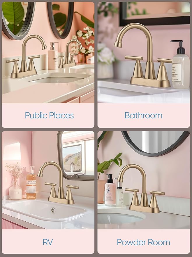 Cobbe Bathroom Faucets for Sink 3 Hole, 4 Inch with Pop Up Drain and 2 Supply Hoses, 2 Handle Centerset Bathroom Faucet for Sink Vanity, Brushed Gold, 2 Pack