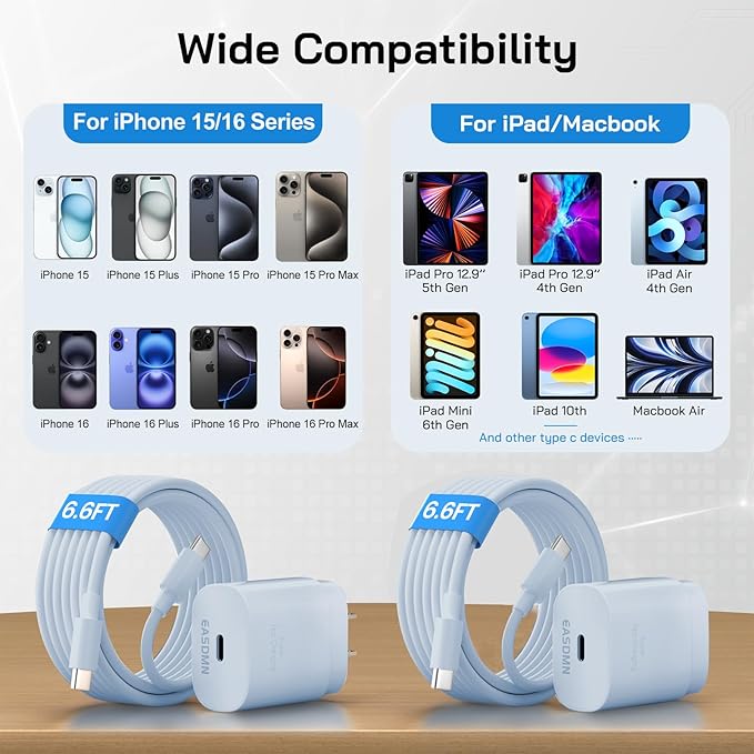 30W USB C i Phone 17 16 15 Charger Fast Charging, 2PACK Wall Charger for iPhone 16 15 Pro Max Charger Cord 6.6FT Fast Type C Block for iPhone 17 Pro Max/17 Air/16/15 Plus/15 Pro Max,i Pad Pro, Blue