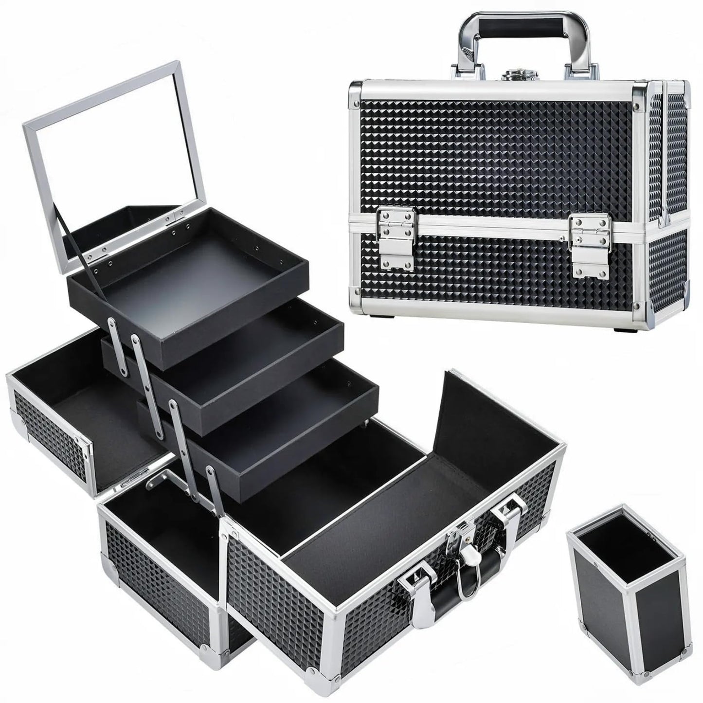 Joligrace Makeup Train Case Cosmetic Box 11.6 Inch Jewelry Organizer Professional 3 Tiers Trays with Mirror and Brush Holder Lockable Key Portable Travel - Rose Gold