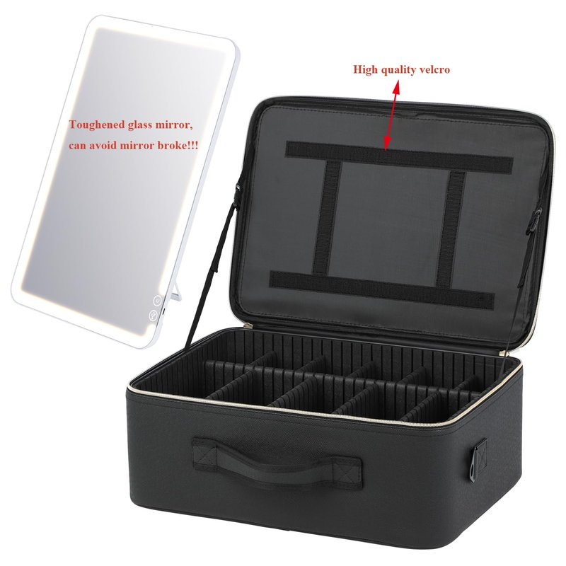 Tense Edano Extra Large PU Cosmetics Train Case with LED Lighted Mirror Rechargeable 3 Color Lights Portable Makeup Artist Organizer with Adjustable Dividers Shoulder Strap (Lighted Cosemtic Case)