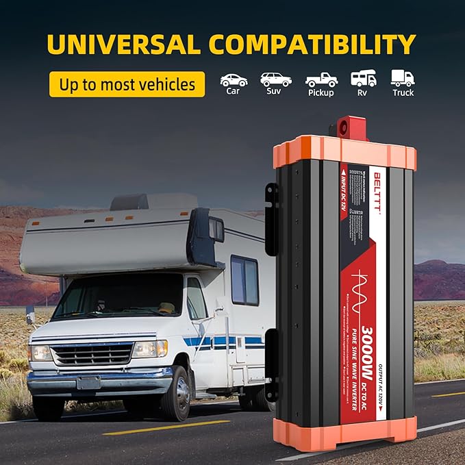 BELTTT 3000W Pure Sine Wave Inverter 12V DC to 120V AC for Solar, Off-Grid, RV, Truck, Home, Power Inverter with Dual AC, 20A Socket, 5V 2.1A USB, Hardwire Port, Remote Controller 23Ft Cable