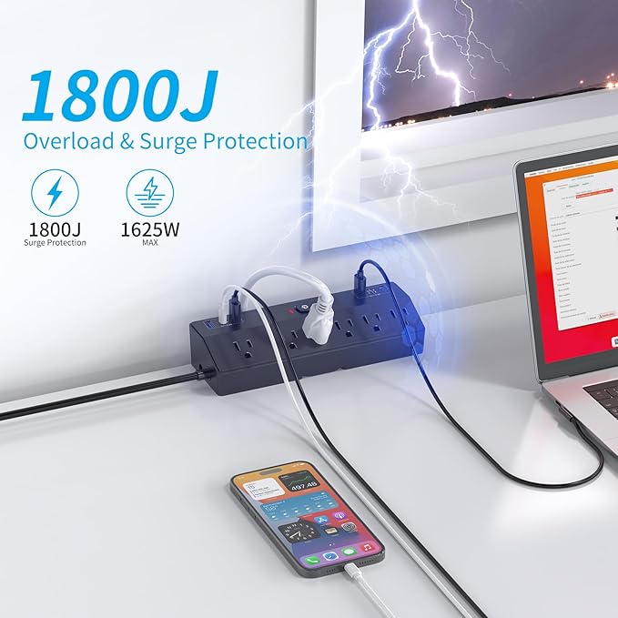 Desk Clamp Power Strip with 40W Fast Charging Station, JXGUCAT 10FT Flat Plug Desk Mount Power Strip Surge Protector, Removable Extension Cord with 2 USB-C Ports 6 Outlets, Fits 1.8" Tabletop Edge