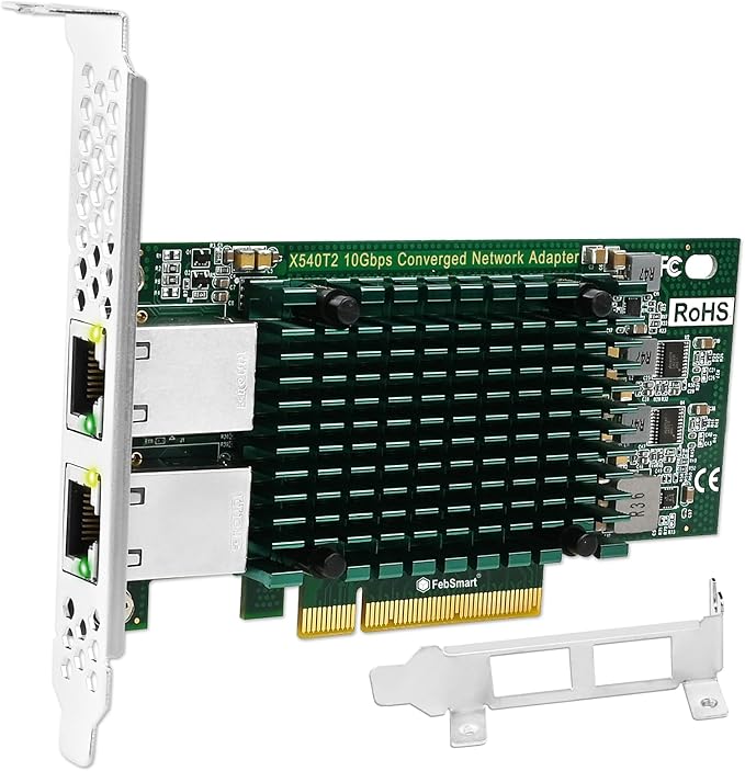 FebSmart PCIE X8 Interface to 2X 10Gbps RJ45 Ports Network Adapter, Intel X540-AT2 Ethernet Controller, 2X 10GbE RJ45 Interface PCIE NIC Card, PCI Express 10GbE Converged Network Adapter (X540T2)