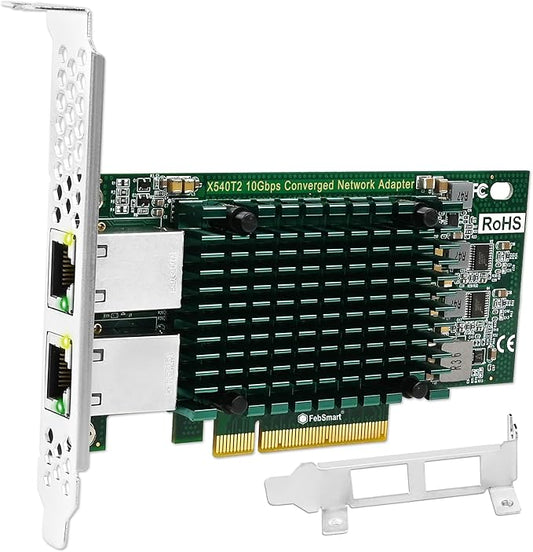 FebSmart PCIE X8 Interface to 2X 10Gbps RJ45 Ports Network Adapter, Intel X540-AT2 Ethernet Controller, 2X 10GbE RJ45 Interface PCIE NIC Card, PCI Express 10GbE Converged Network Adapter (X540T2)