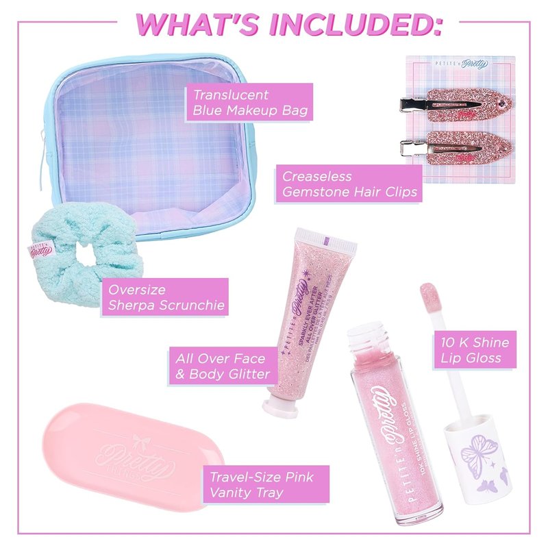 Get Ready with Me Essentials Set - Sparkly Glitter Makeup Tray, Scrunchie & Hair Accessories for Girls | Mini Size