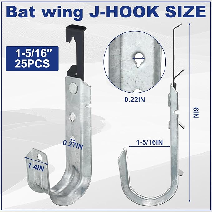 Zonon 25 Pcs J Hooks for Hanging Metal J Hook Hangers Cable Support with Bat Wing Heavy Duty G60 Galvanized Steel Cable Hooks for Attaching Ceiling Wire Threaded Rod (1-5/16 Inch)