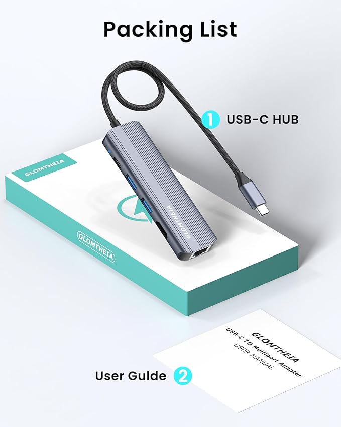 Glomtheia USB C Hub Ethernet HDMI Multiport Adapter for MacBook Pro/Air, iPad, Laptop Dock with 5Gbps USB A/C, 1Gbps RJ45 Gigabit Ethernet, 4K 30Hz HDMI, 100W Pass Through Charging