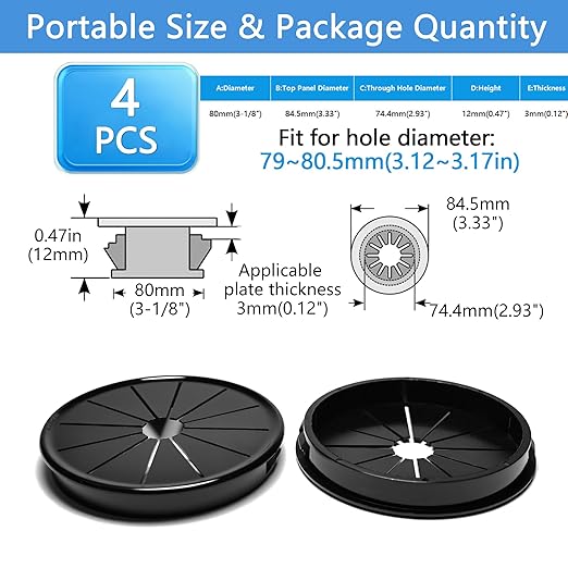 BOPOREAE 4 Pcs Cable Grommet, Snap Bushing 3-1/8" (80 mm) Mounting Diameter, Flexible Petal-Shaped Buckle Round Nylon Desk Grommet for Wires Through Countertop Cord Organizer and Protection, Black