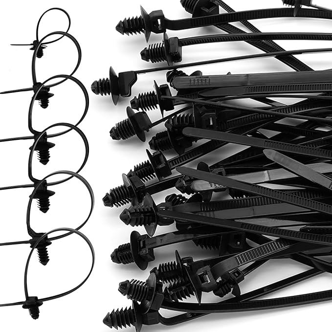 Semrien 60 Pcs Push Mount Cable Ties Assorted Sizes, Black Nylon Push Mount Zip Ties Wire Harness Clips, 6-Types Snap in Zip Ties Self Locking Automotive Wire Ties for Wire Tying, Automotive