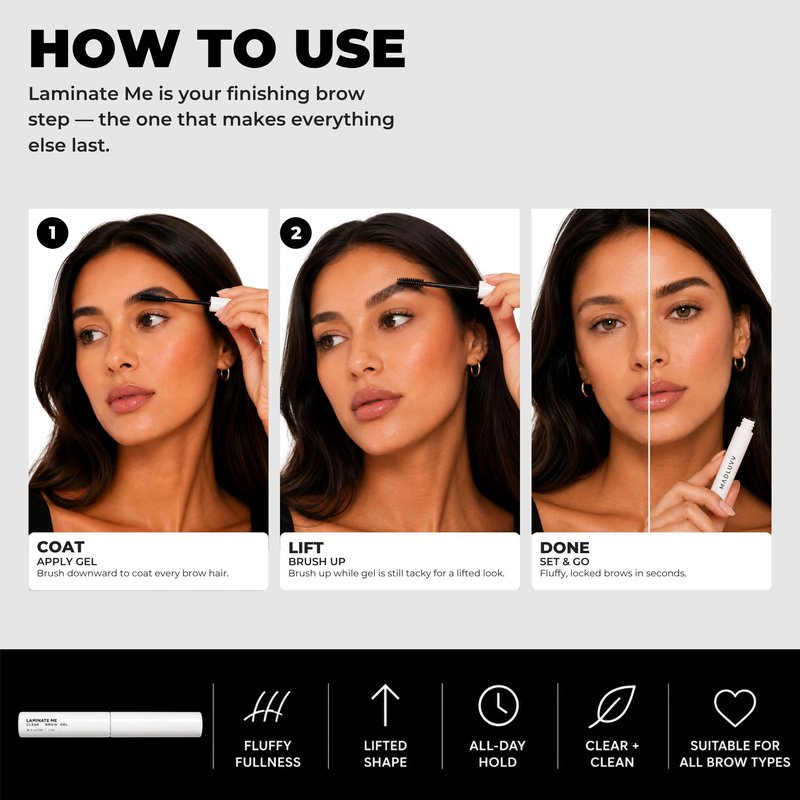 MADLUVV Laminate Me Clear Eyebrow Gel, Daily Use Medium Hold Lamination, Hypoallergenic and Cruelty Free