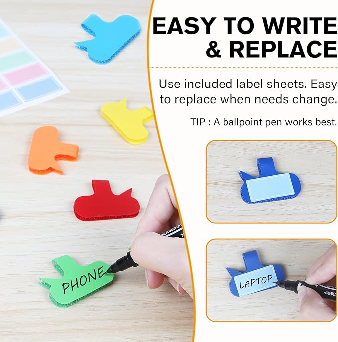 36-Pack Large Cable Labels with 40 Write-On Stickers, Reusable 8-Color Wire Tags for Electronics, Cord ID & Cable Management for Home Office, PC Network - Oval