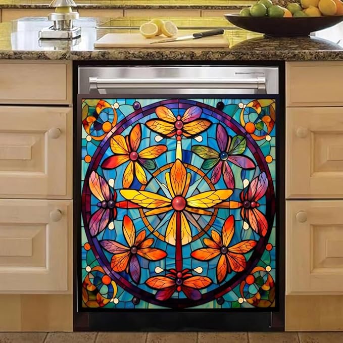 Colorful Dragonflies Dishwasher Cover Dishwasher Panel Decal, Stained Glass Window Fridge Skins Cover, Vinyl Home Appliance Decal 23" x 26" Ordinary