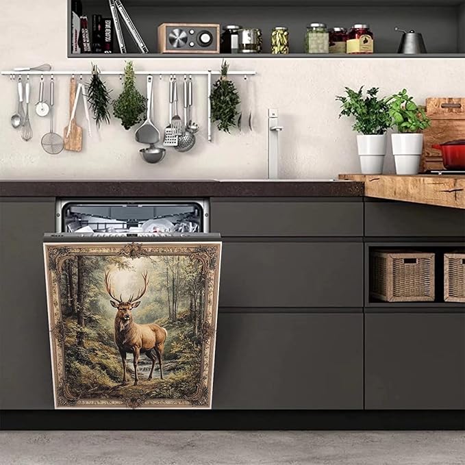 Kitchen Decor Deer Dishwasher Magnet Cover Decal, Vintage Forest Elk Magnetic Dishwasher Covers Decorative, Animal Dishwasher Skin (Magnetic) 23" W x 26" H