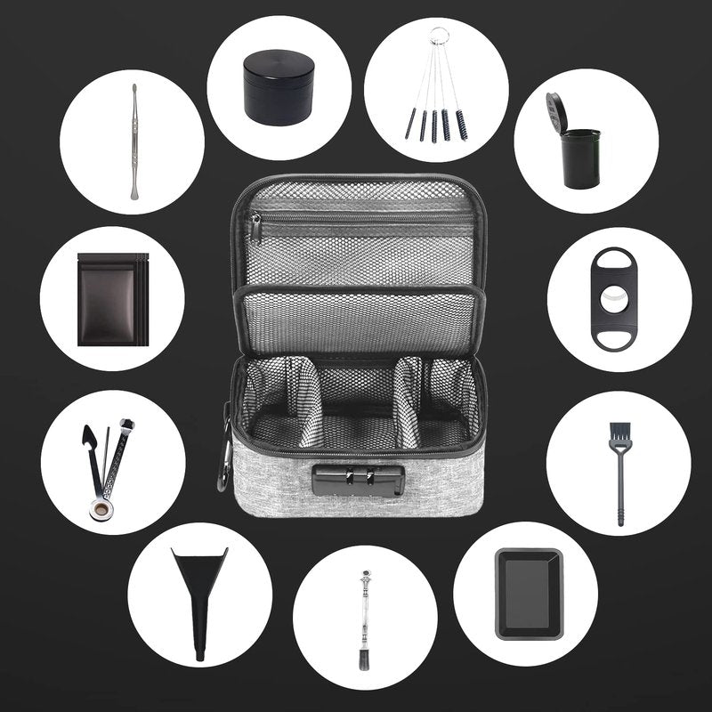 Grey Medium Size Smell Proof Storage Carrier Bag with 11 PCS Accessories, Water-Resistant file Organizers Box Case with Combination Lock, Medicine Container Pouch, Great Gift for Friends.
