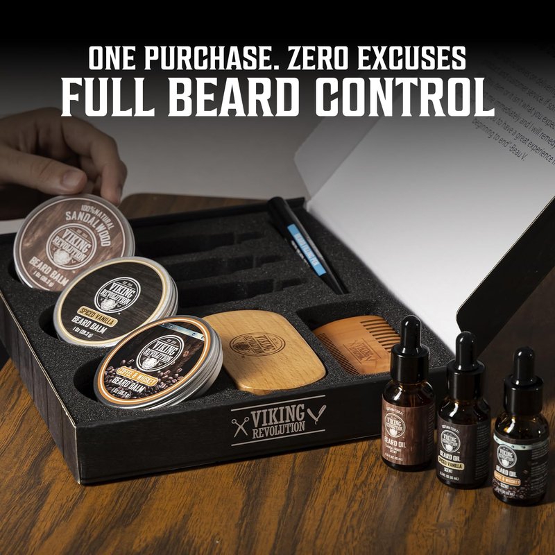 Viking Revolution Ultimate Beard Care Collection - Gifts for Men Includes Oil, Balm, Brush, Comb and Pen - Beard Kit for Men with Sandalwood, Spiced Vanilla, Coffee Whiskey, Sweet Tobacco