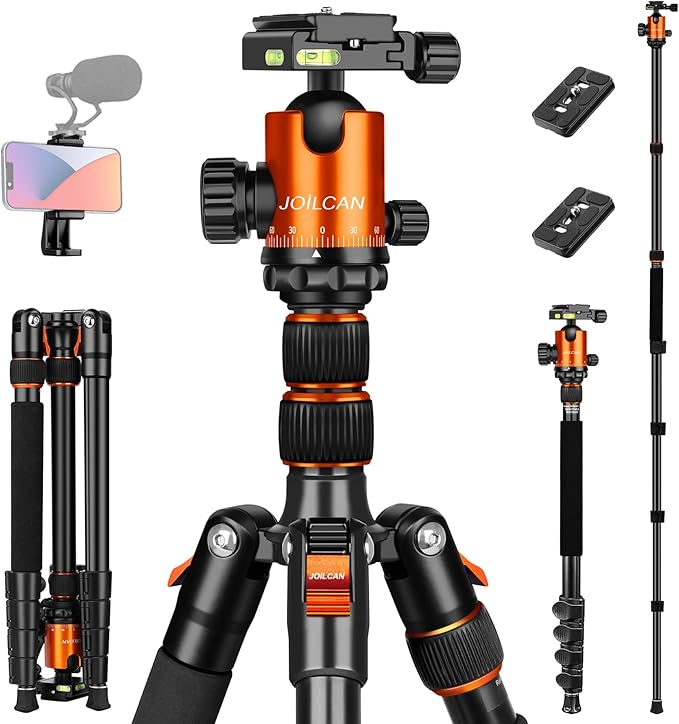 JOILCAN Tripod for Camera, 81" Aluminum Camera Tripod Stand, 83" DSLR Tripods & Monopods, Heavy Duty Travel Tripod for Binoculars Spotting Scope Telescope, Max Load 35lb