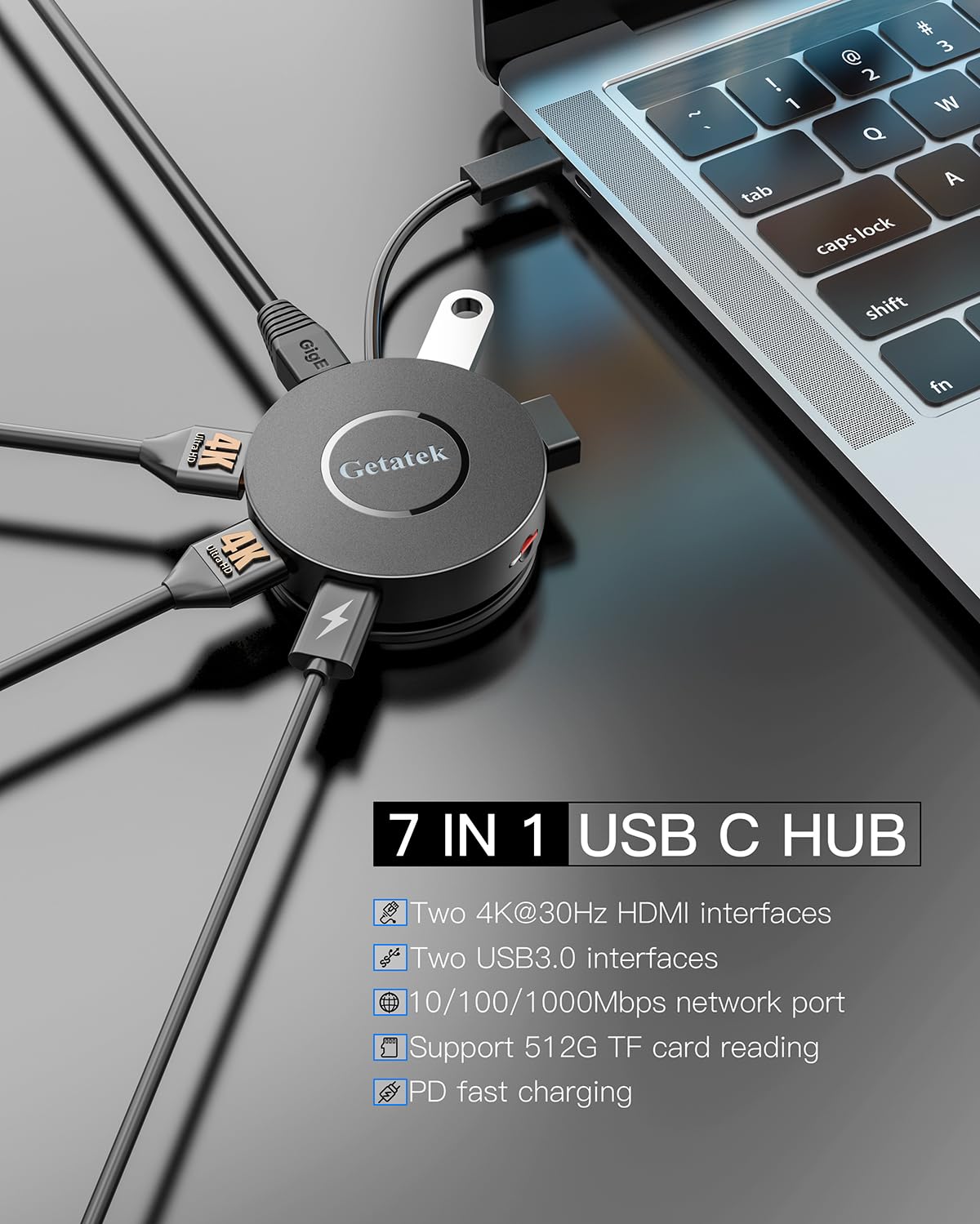 Getatek USB C Hub, 7 Ports Multiport Adapter with Dual HDMI Adapter, Type-C 100W PD Charging, 2* USB 3.0,Gigabit Ethernet, Card Reader, USB-Dongle for MacBook Pro/Air (USB C Dock Dual HDMI)