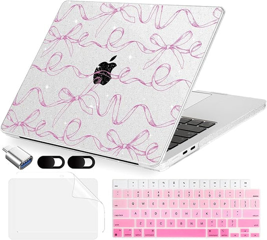 MecBevia Compatible with 2026 M5 MacBook Air 13 inch Case 2026 2025 2024-2022 M5 A3449 M4 A3240 M3 A3113 M2 A2681, Keyboard Cover, Screen Protector, Webcam Cover & Type-C OTG, Sparkly Bows