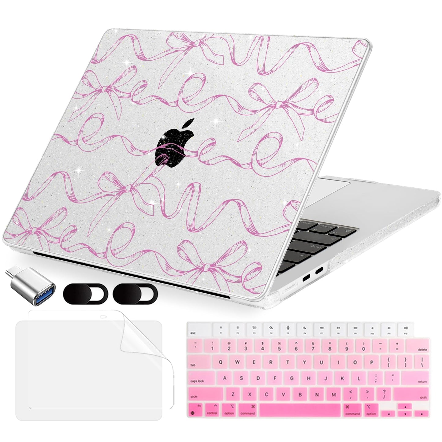 MecBevia Compatible with 2026 M5 MacBook Air 15 inch Case, 2026 2025-2023 M5 A3448 M4 A3241 M3 A3114 M2 A2941, Keyboard Cover, Screen Protector, Webcam Cover & Type-C OTG, Sparkly Bows
