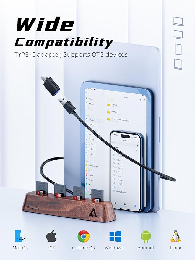 AODUKE 8-Port USB 3.0 SD Card Reader, Walnut Wood Design 5Gbps Data, Simultaneous Support to Micro SD/TF3.0 and SD3.0 Card Read and Write (Compatible UHS-I/II Card)-AST43M
