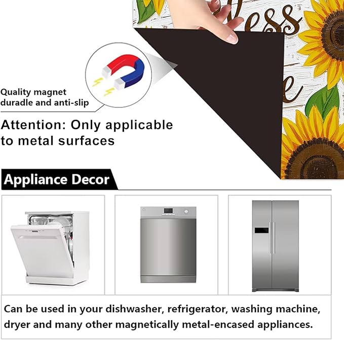 Dishwasher Magnet Cover 23x26 in Hand-Painted White Wood Sunflower Bless Our Home Typography Dishwasher Cover for Kitchen Appliance Decoration Front Panel Sticker Panel Home Decor Decal