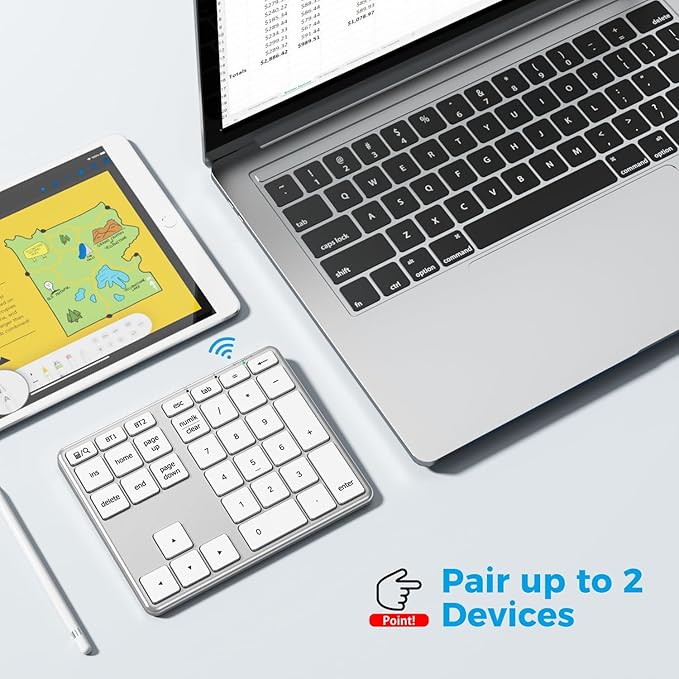 iClever Bluetooth Number Pad, Aluminum 34-Key Wireless Numeric Keypad, USB-C Rechargeable Numpad Keyboard for Data Entry and Accounting, Compatible with Laptop, Mac, Surface Pro, PC Desktop