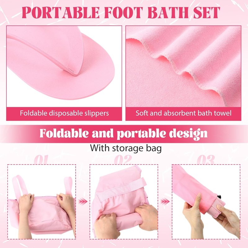 FillTouch Pink Foldable Foot Bath Kit - 15L Soaking Tub, Collapsible Towels & Slippers for Spa Parties | Portable Pedicure Set