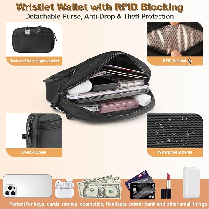 YFWE Clip and Go Strap for Phone with Wallet Crossbody, Adjustable Phone Lanyard with Detachable RFID Wristlet Wallet, Pattern Strap - Black (L)