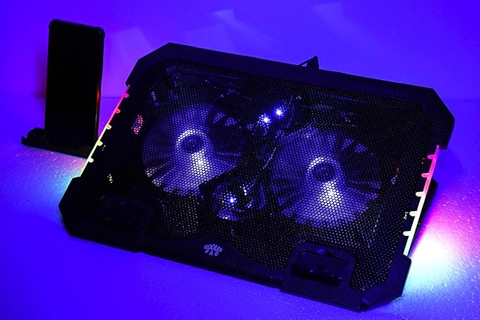 KEROLFFU RGB Gaming Laptop Cooling Pad 17-12Inch 4Fans (Customized RGB Sidelight with Switch,Laptop Fan Speed Adjustable,5 Heights Adjustment with Phone Holder)Fit Apple MacBook Laptop Fan Cooling Pad