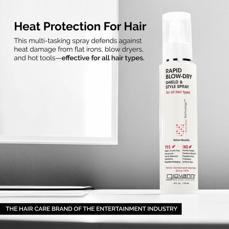 GIOVANNI Rapid Blow Dry Shield & Style Spray - Heat Protection Spray for All Hair Types, Dryer Heat Protectant for Women & Men, Quick Blowout Styling & Frizz Control, Smooths & Softens, Vegan- 4 fl oz