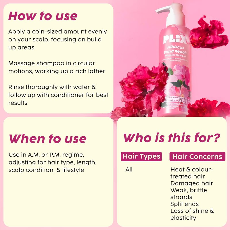 Plix Hibiscus Bond Repair Shampoo | Repairs Hair Structure & Reduces Breakage, 6.76 fl oz